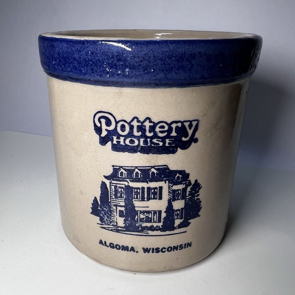 Vintage Pottery House Algoma Wisconsin Stoneware Crock Cobalt Blue Rim